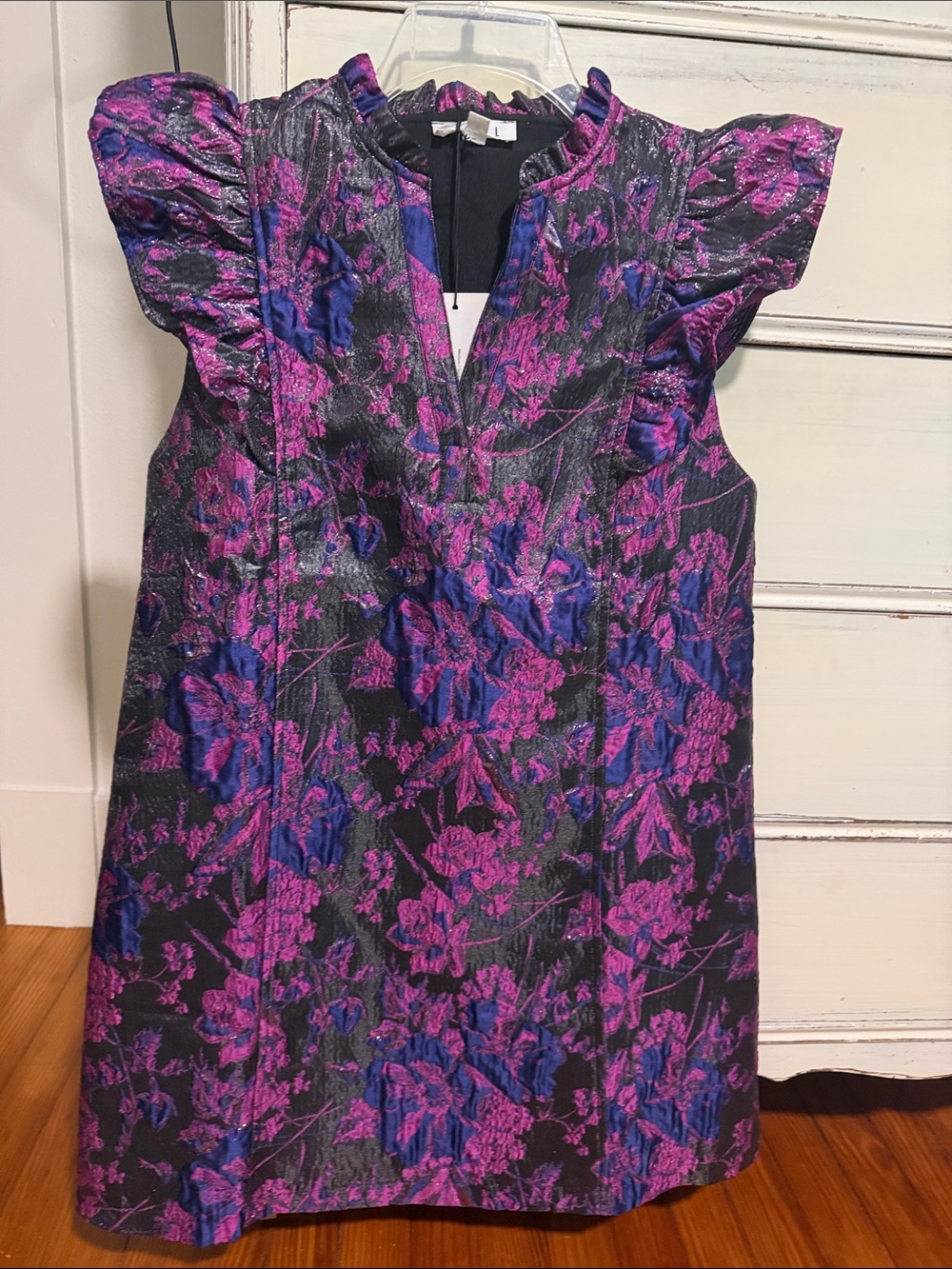 THML Black Mini Dress with Pink & Blue Floral Jacquard